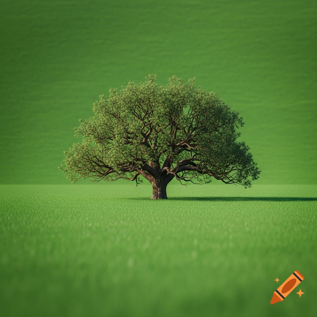 A single lush green tree stands centered in a vast, bright green field under a matching green sky, photorealistic style.
