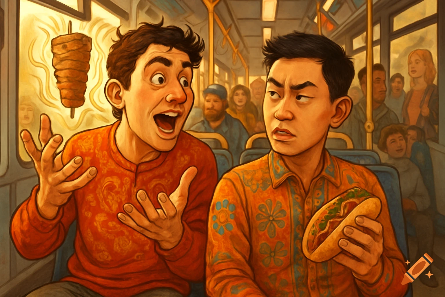 Illustration of two men on a bus, one excitedly gestures at a glowing kebab, the other skeptically holds a hot dog.