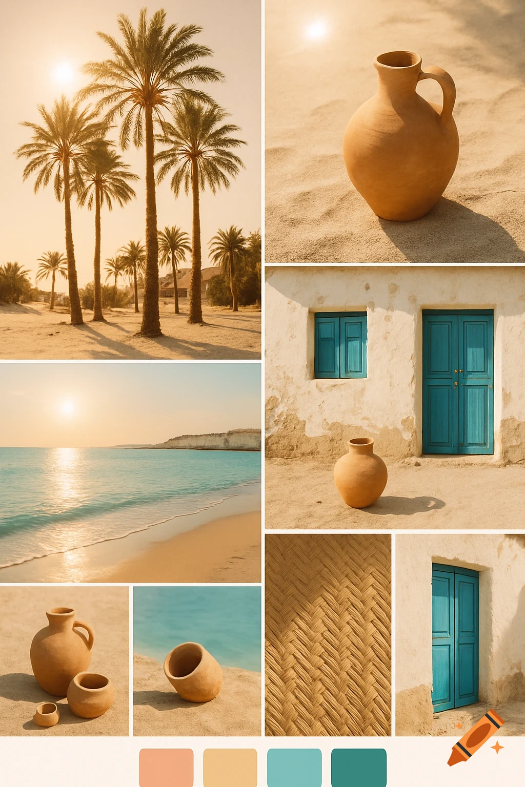 A warm southern coastal moodboard collage with palm trees, sandy beaches, turquoise sea, clay pottery, rustic white houses with blue doors, and color swatches.