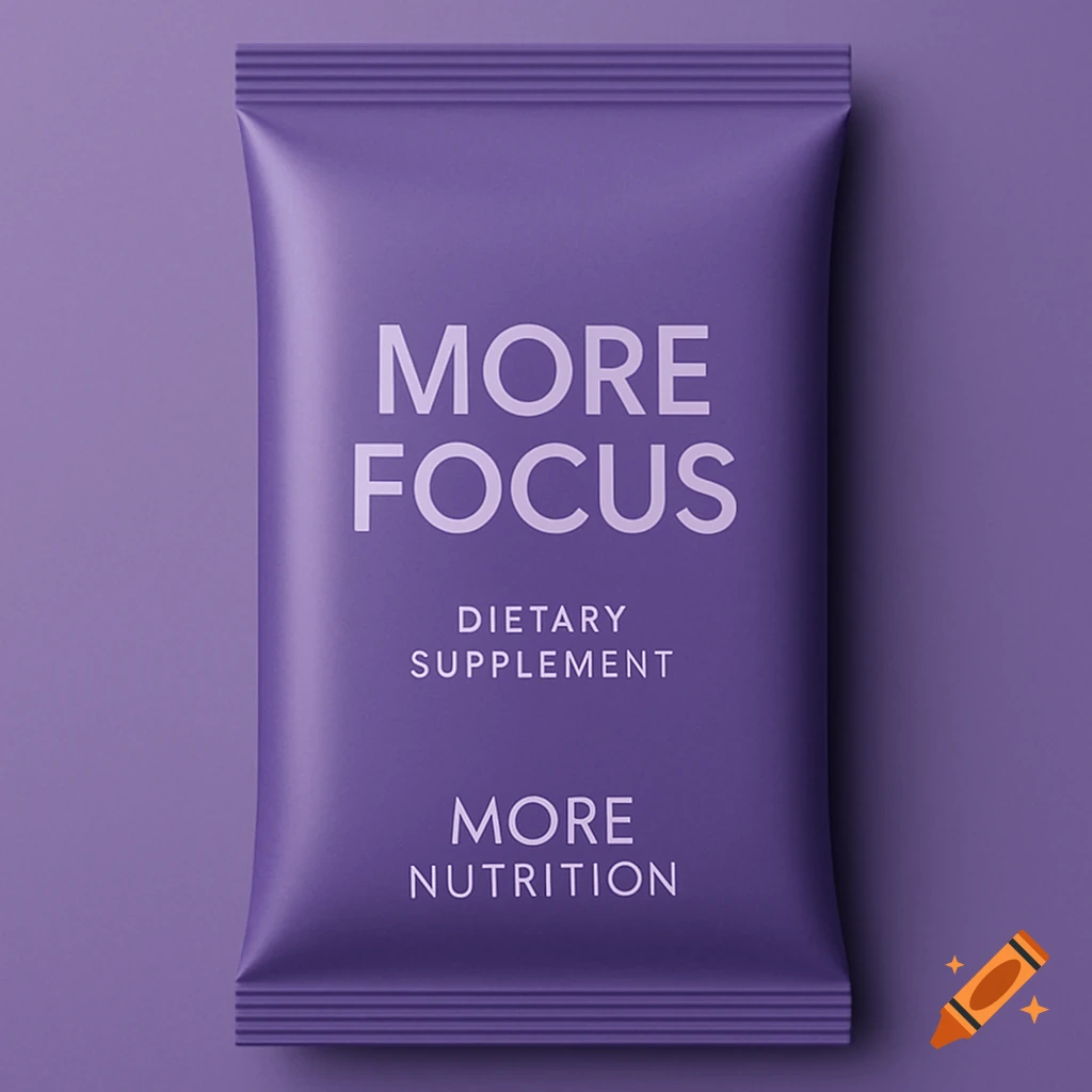 A purple sachet with 'MORE FOCUS DIETARY SUPPLEMENT MORE NUTRITION' text on a matching purple background.