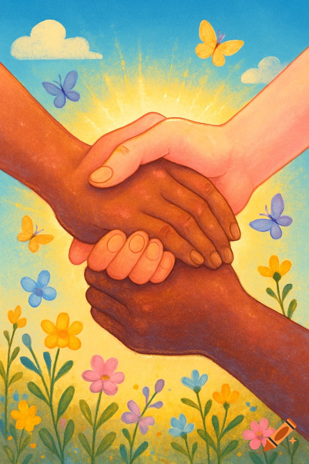 Illustration of diverse hands clasped together under a bright sun, with colorful butterflies and flowers.