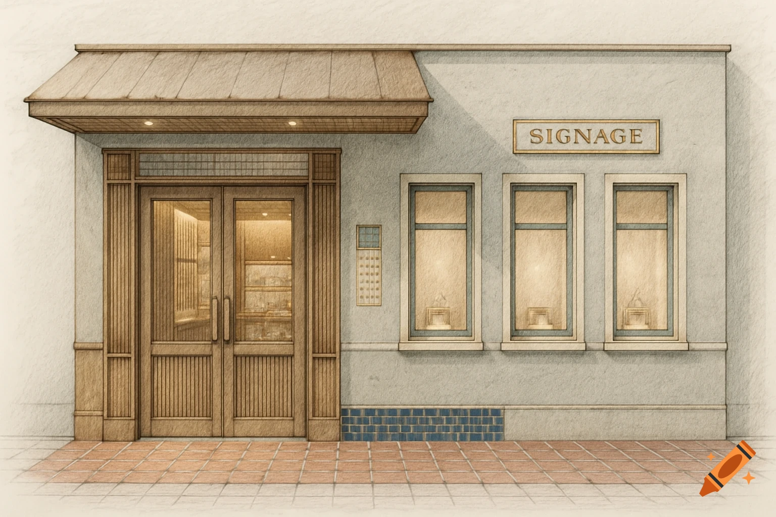 A hand-sketched illustration of a storefront facade with a wooden double door, awning, three windows, and a 'SIGNAGE' plaque.