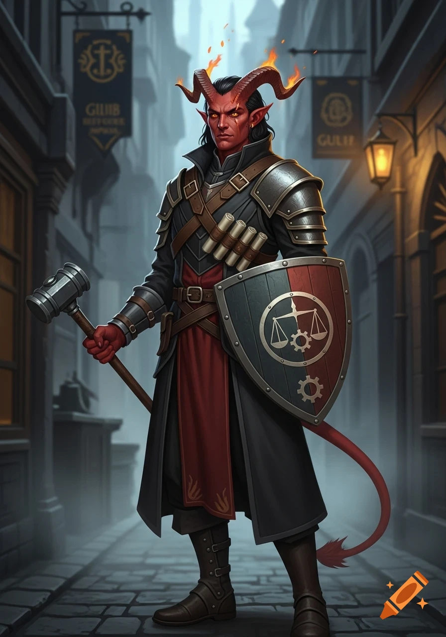 A red-skinned tiefling arbitrator with horns and golden eyes stands in a misty cobblestone alley, wearing dark armor and holding a shield and hammer-staff.