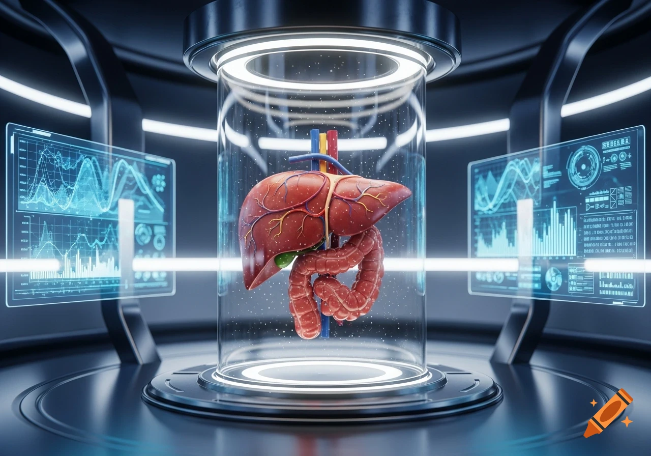 3D rendering of human liver and intestines in a futuristic glass ...
