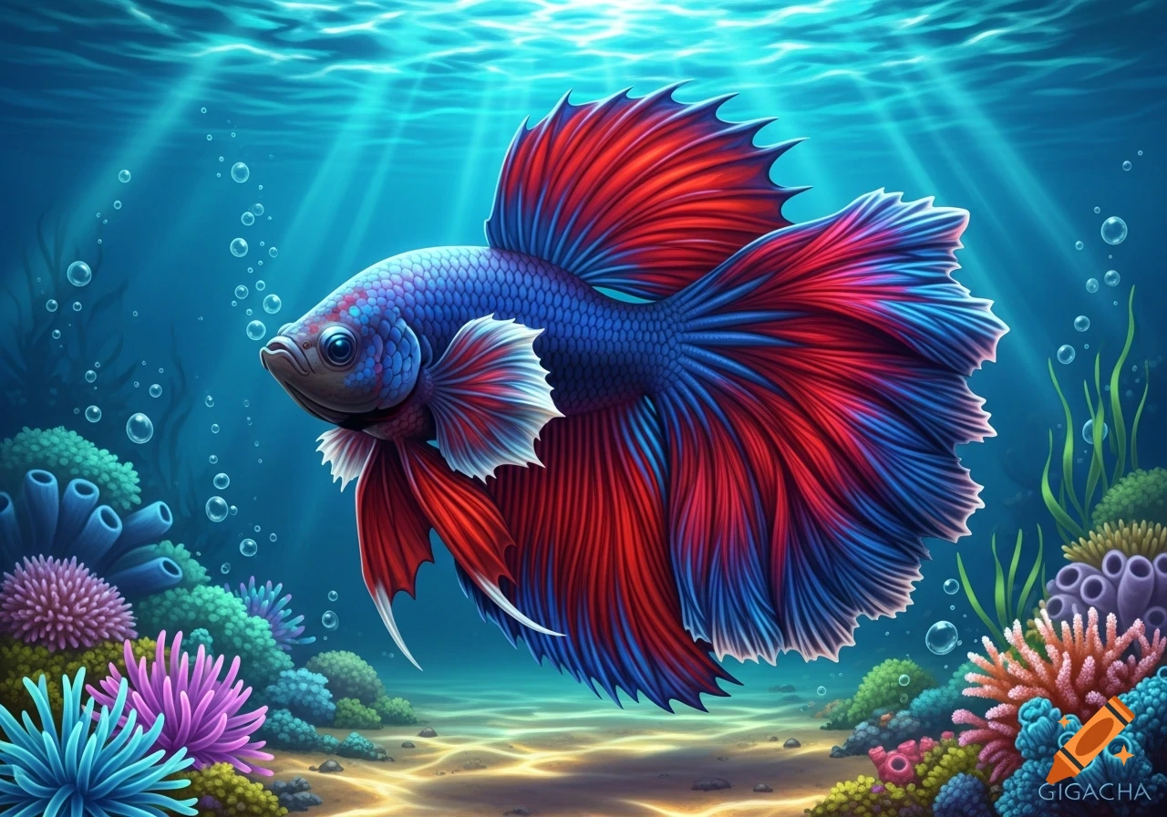 A vibrant red and blue beta fish with flowing fins swims gracefully among colorful coral and aquatic plants in a clear, sunlit underwater scene.