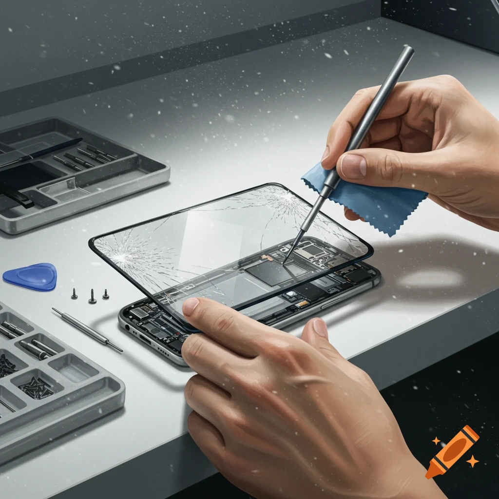 Hands carefully repair a mobile phone with a cracked screen, using a precision screwdriver on a workbench with tools.