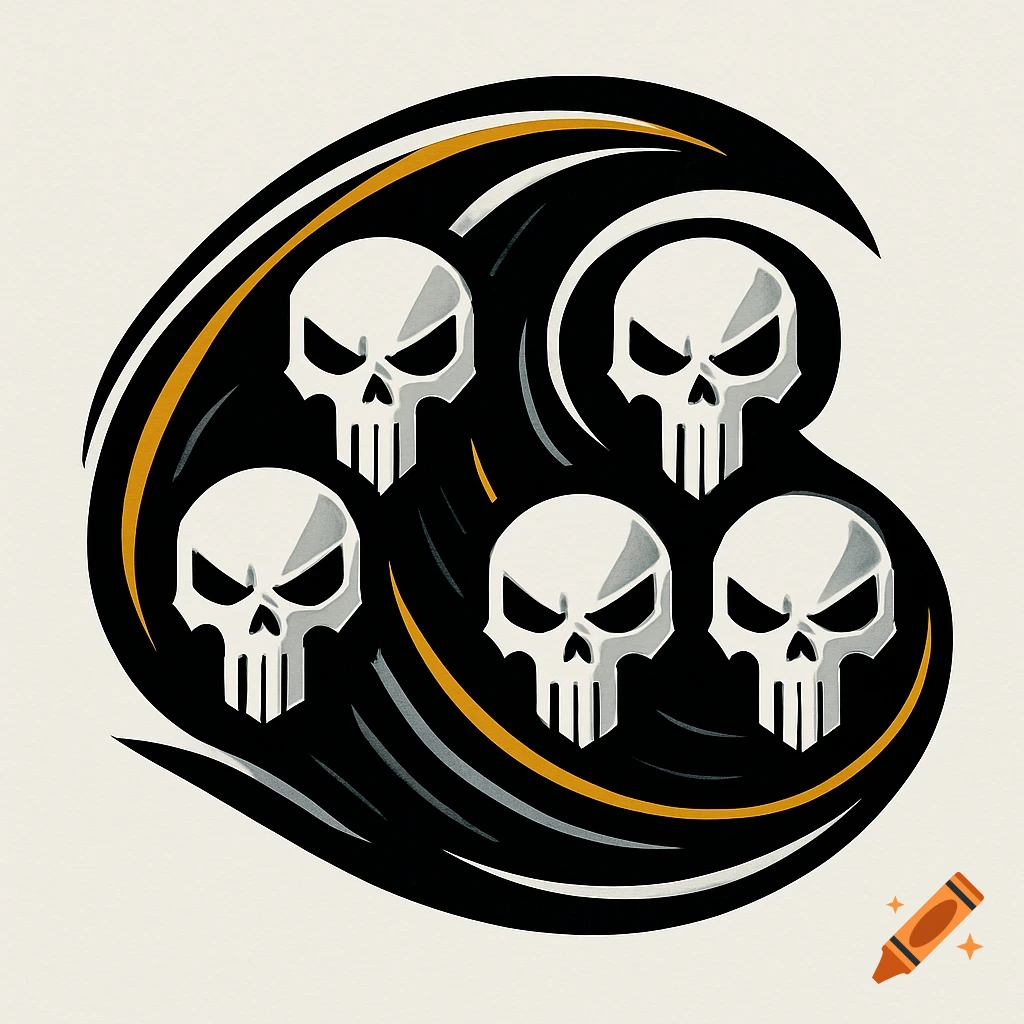 A stylized black and white logo with five Punisher-style skulls arranged within a wave-like shape, accented with yellow lines.