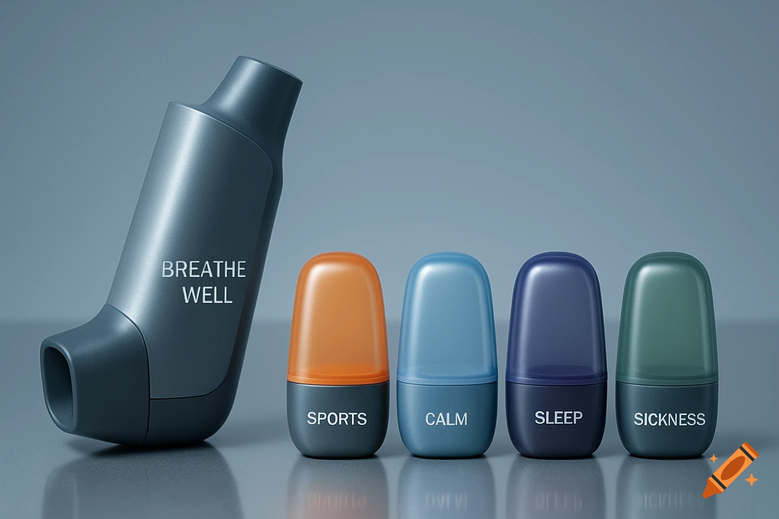 A grey inhaler labeled 'BREATHE WELL' next to four colorful pods labeled 'SPORTS', 'CALM', 'SLEEP', and 'SICKNESS' on a reflective surface.