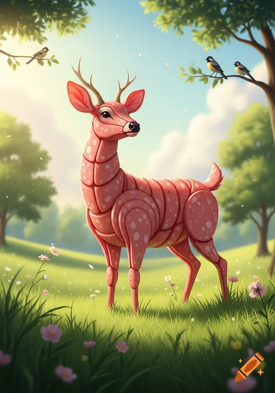 A stylized pink bologna deer stands in a vibrant green meadow with flowers under trees with small birds.