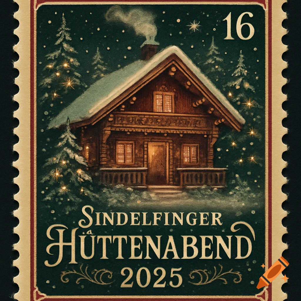 A vintage-style Christmas postage stamp featuring a snowy log cabin surrounded by pine trees under a starry sky. Text reads 'Sindelfinger Hüttenabend 2025'.