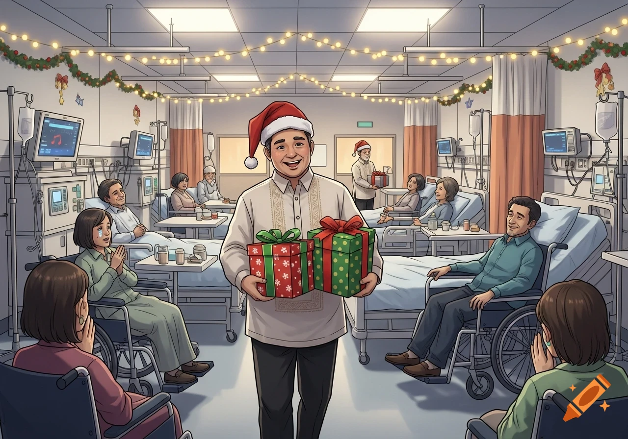 A man in a Santa hat and a Barong Tagalog holds Christmas presents, smiling at patients in a hospital room decorated for Christmas.