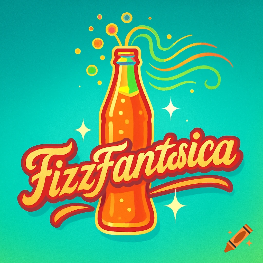A vibrant illustration of an orange soda bottle with 'FizzFantastica' logo, effervescing on a teal background.