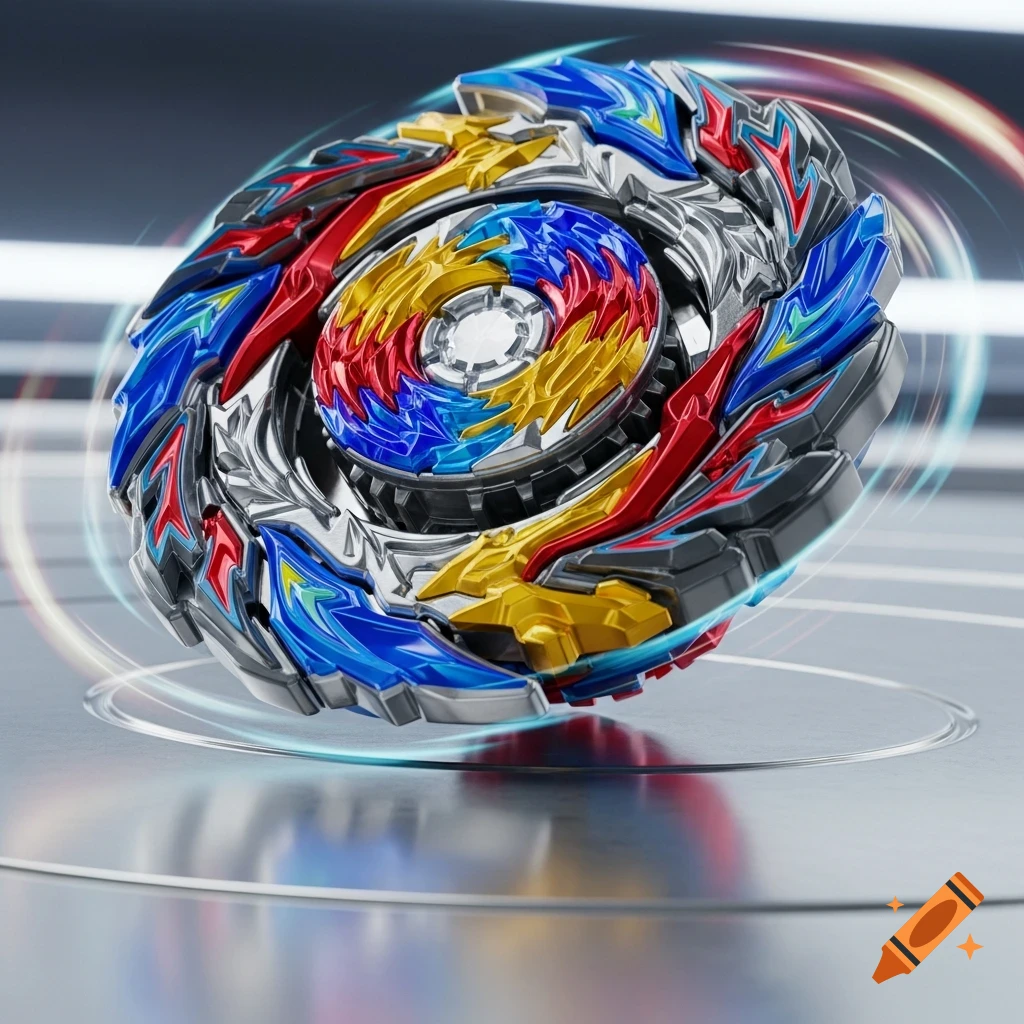 A vibrant red, blue, and gold Beyblade spinning on a reflective metallic surface, with motion blur and light trails.