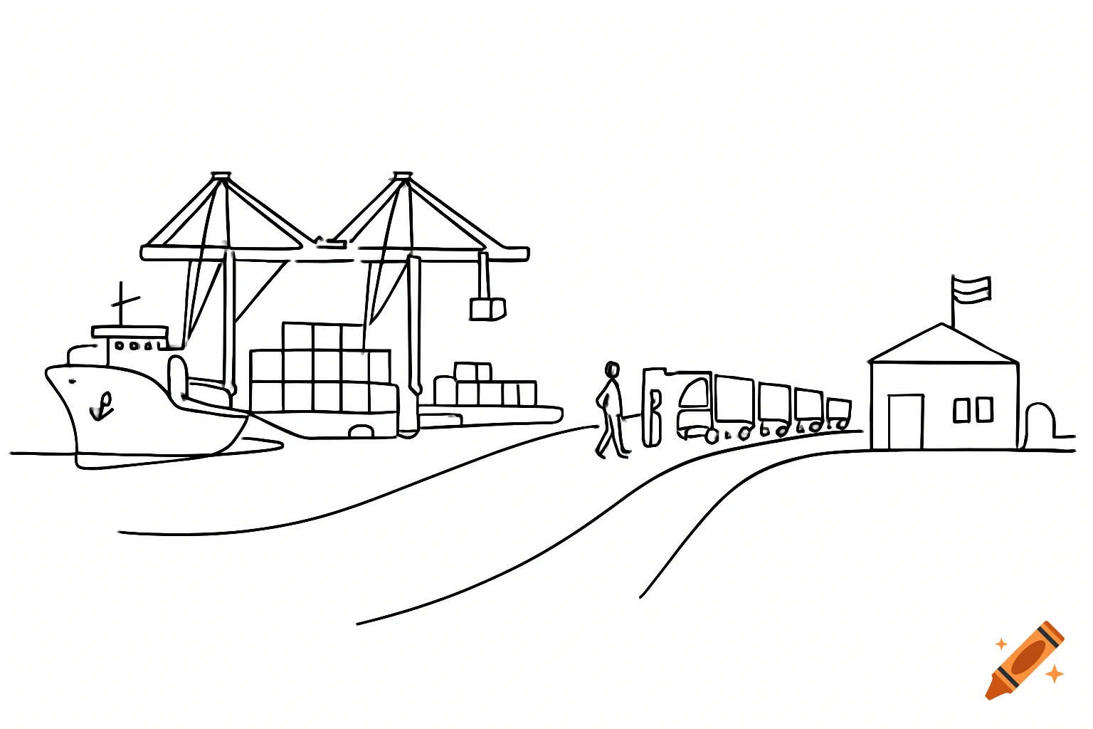 Minimalist black line drawing of a port with a ship, cranes, containers, trucks, and a building.