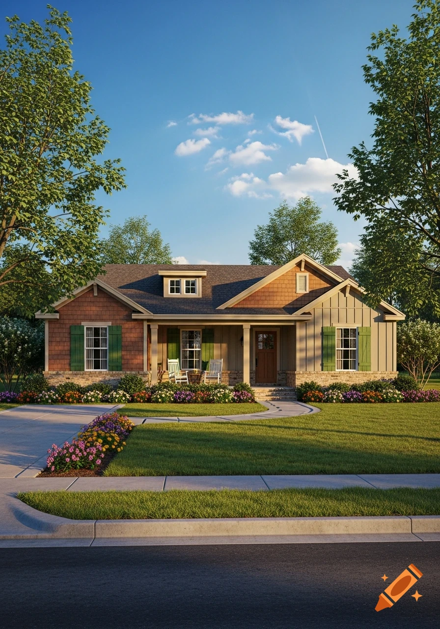 A photorealistic front view of a charming craftsman-style house from the road, with a green lawn, colorful flower beds, and mature trees.