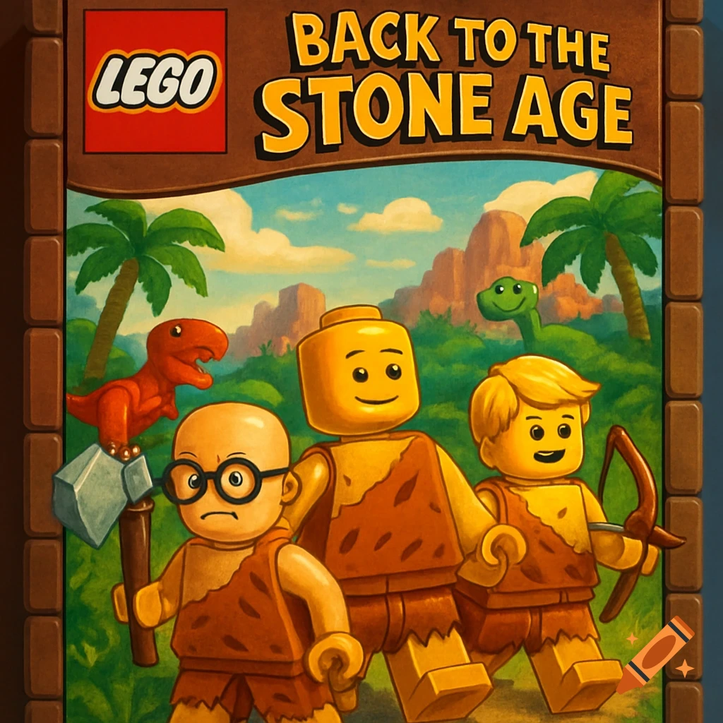 Lego set box cover for 'Back to the Stone Age' featuring three Lego minifigures and dinosaurs in a prehistoric landscape.
