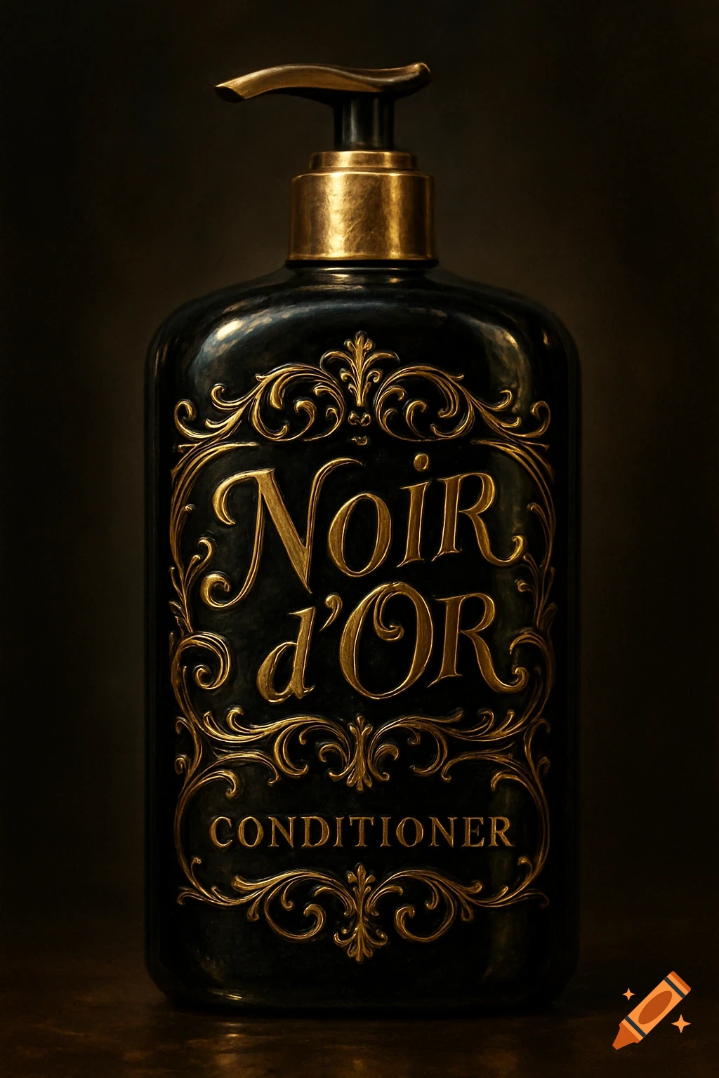 A black and gold luxury conditioner bottle with ornate lettering and a gold pump on a dark background.