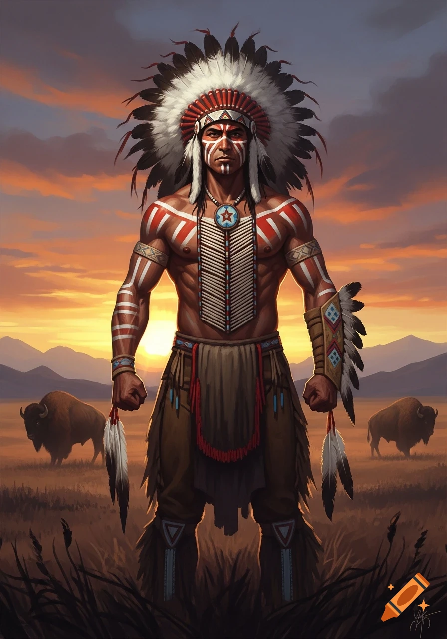Muscular Native American man in feathered headdress and traditional attire, in a field with buffalo at sunset.