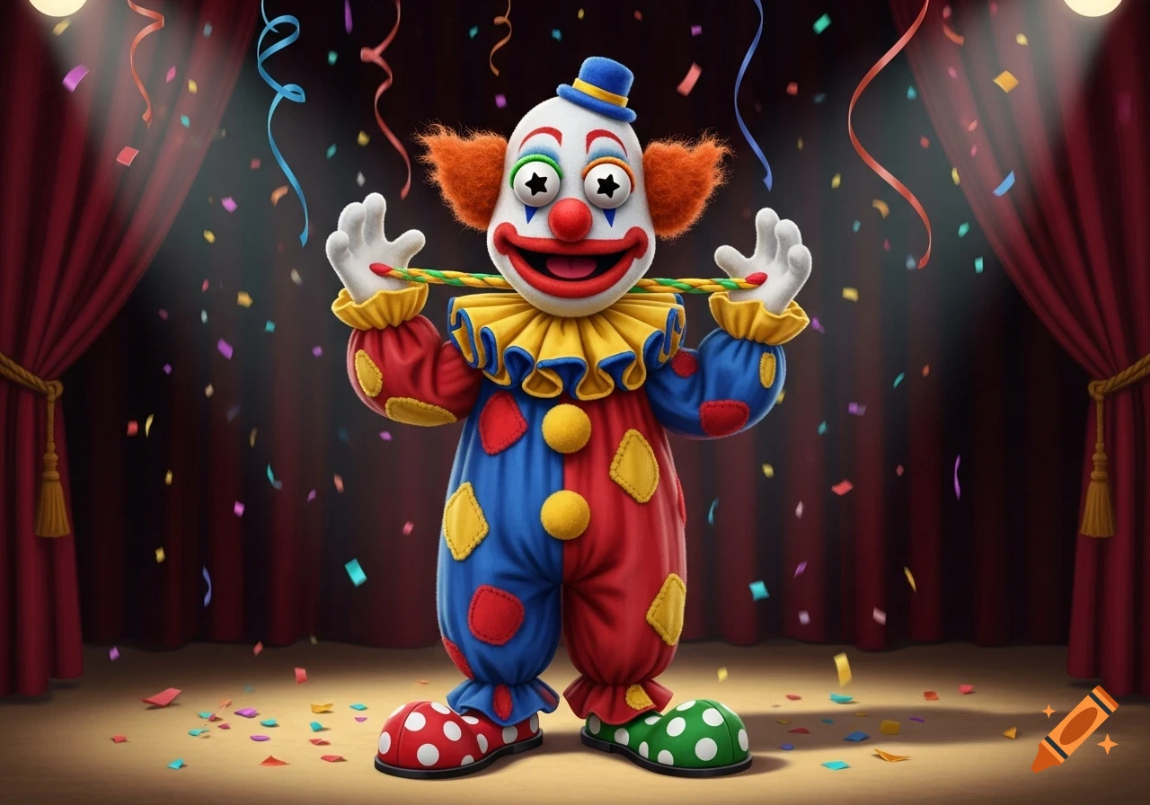 A colorful cartoon clown with orange hair and star eyes, wearing a red and blue polka-dotted suit, holding a party blower on a confetti-strewn stage.