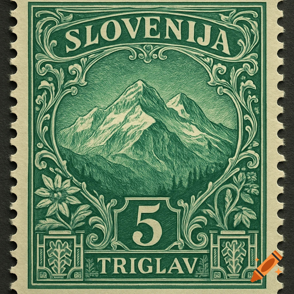 A green vintage-style postage stamp featuring a detailed illustration of snow-capped mountains within an ornate frame, with 'SLOVENIJA' at the top, '5' in the center, and 'TRIGLAV' at the bottom.