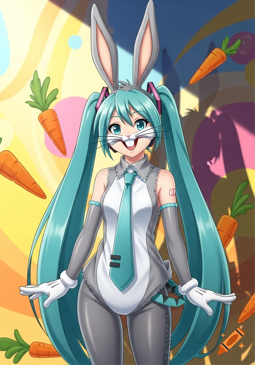 Hatsune Miku wearing a Bugs Bunny costume with large bunny ears and gloves, surrounded by floating carrots.