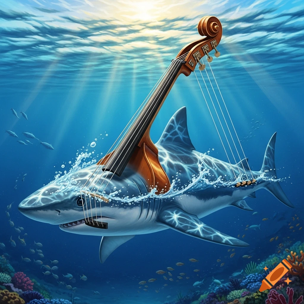 A whimsical illustration of a shark with a contrabass body swimming underwater amidst sunbeams and coral.
