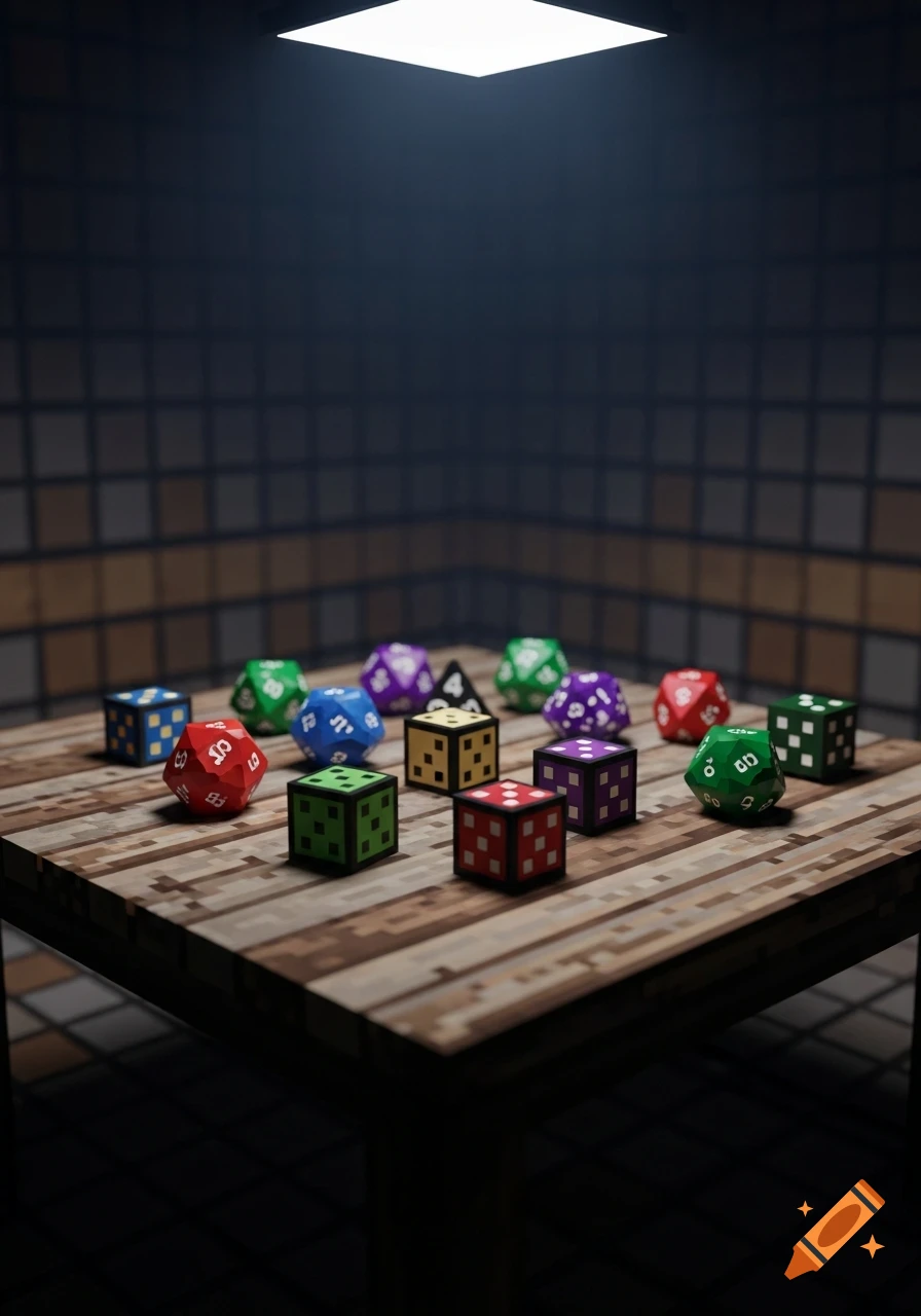 A low-resolution 3D video game screenshot showing a wooden tabletop with assorted colorful dice under a bright light.