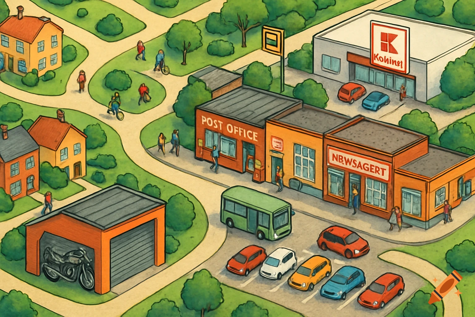 An isometric cartoon map of a neighborhood with a post office, newsagent, supermarket, houses, cars, a bus, and people.