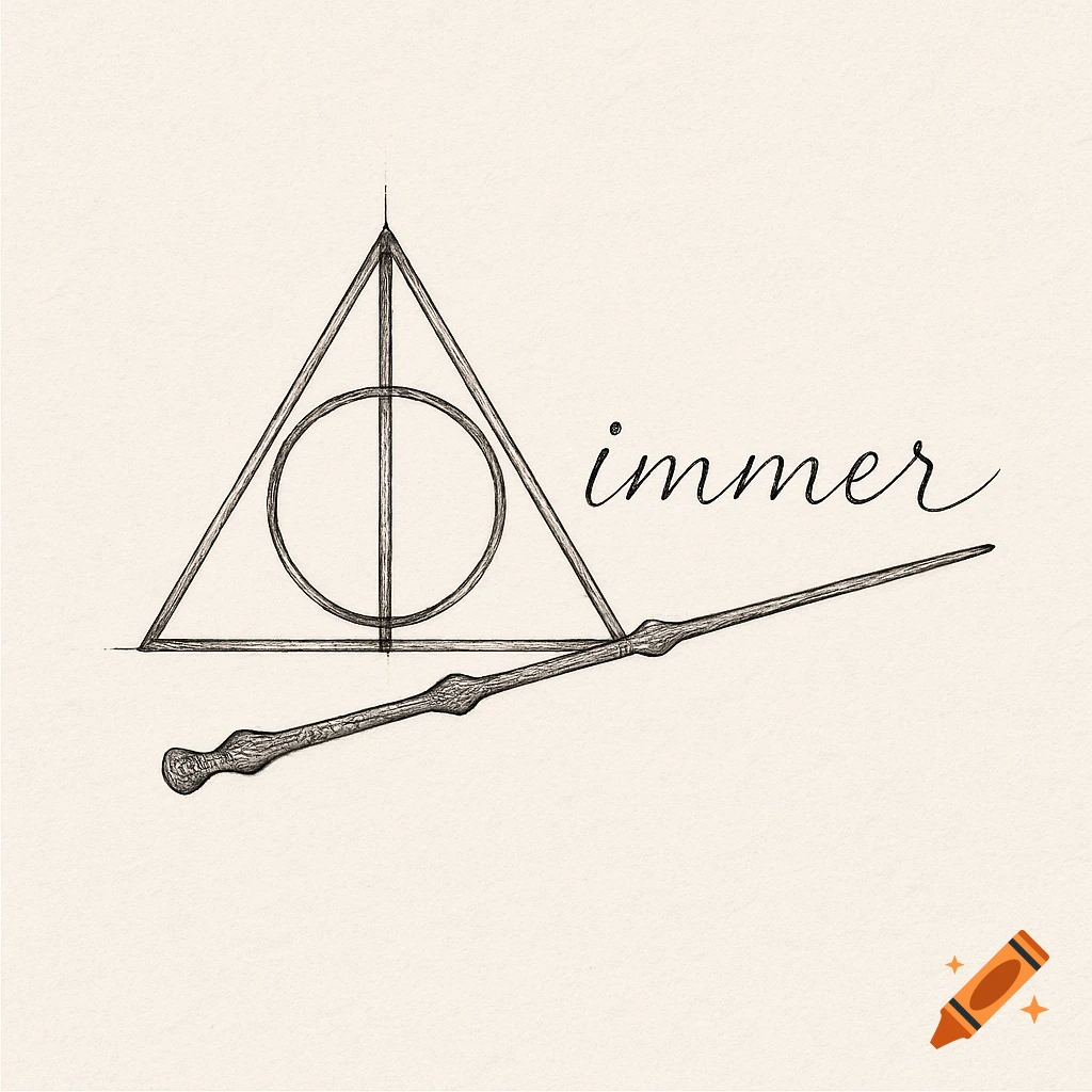 A fine-line sketch of the Deathly Hallows symbol with a magic wand and the word "immer" in a script font.