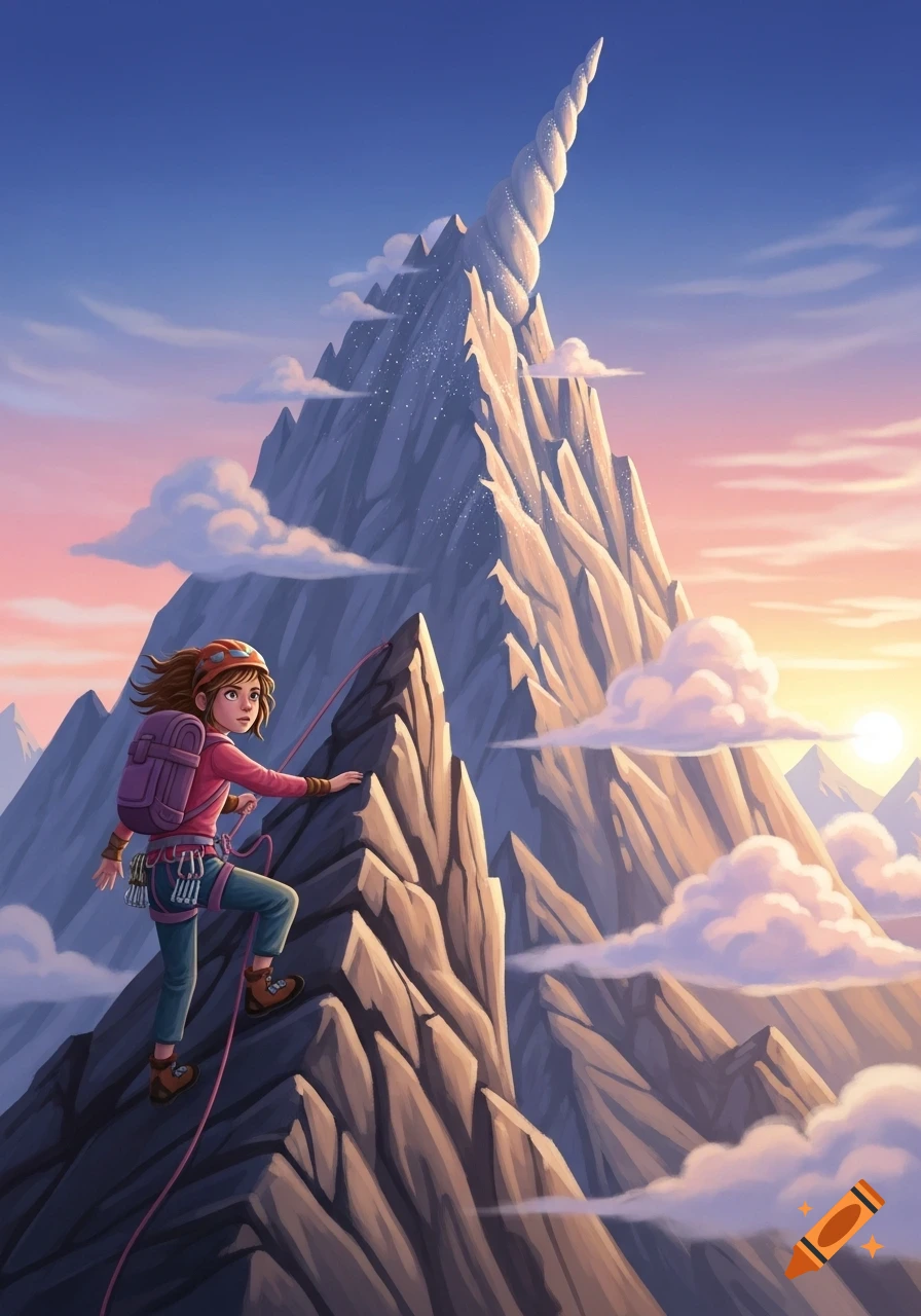 A determined girl climbs a steep mountain with a majestic unicorn horn peak under a colorful sunset sky in a fantasy art style.