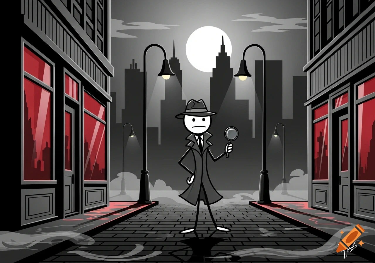 Cartoon stickman detective in a trench coat on a dark, wet city street, holding a magnifying glass. Noir style with red accents.