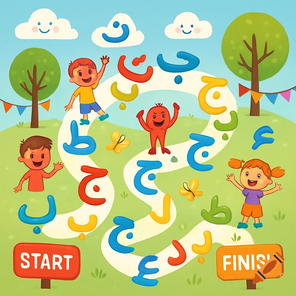 A colorful cartoon illustration of a game path made of Arabic alphabet letters, with children, a red monster, trees, clouds, and butterflies in a hilly landscape. Signs read 'START' and 'FINISH'.