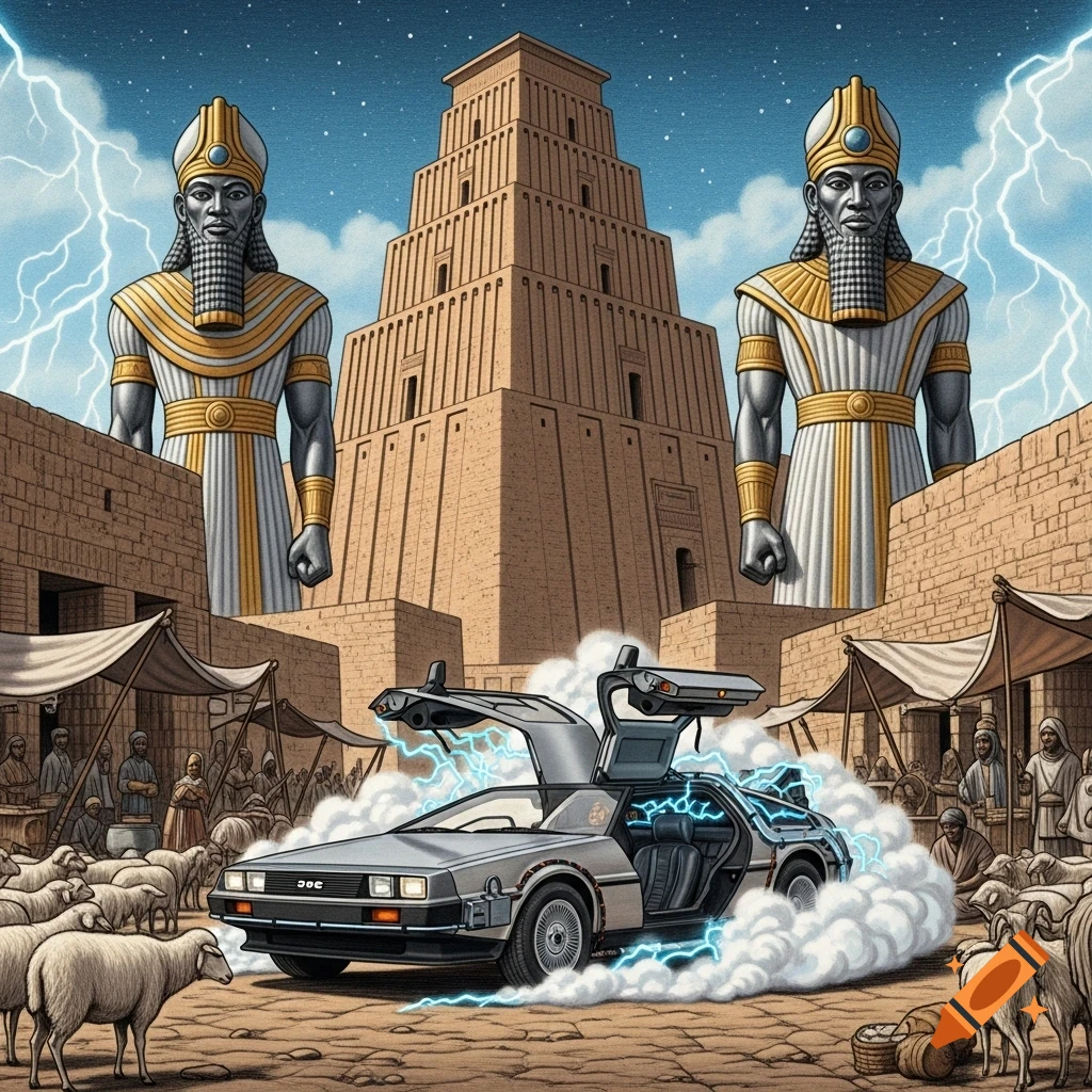 A DeLorean time machine with open doors emits smoke and blue lightning in an ancient Mesopotamian market before a ziggurat and two giant statues under a stormy sky.