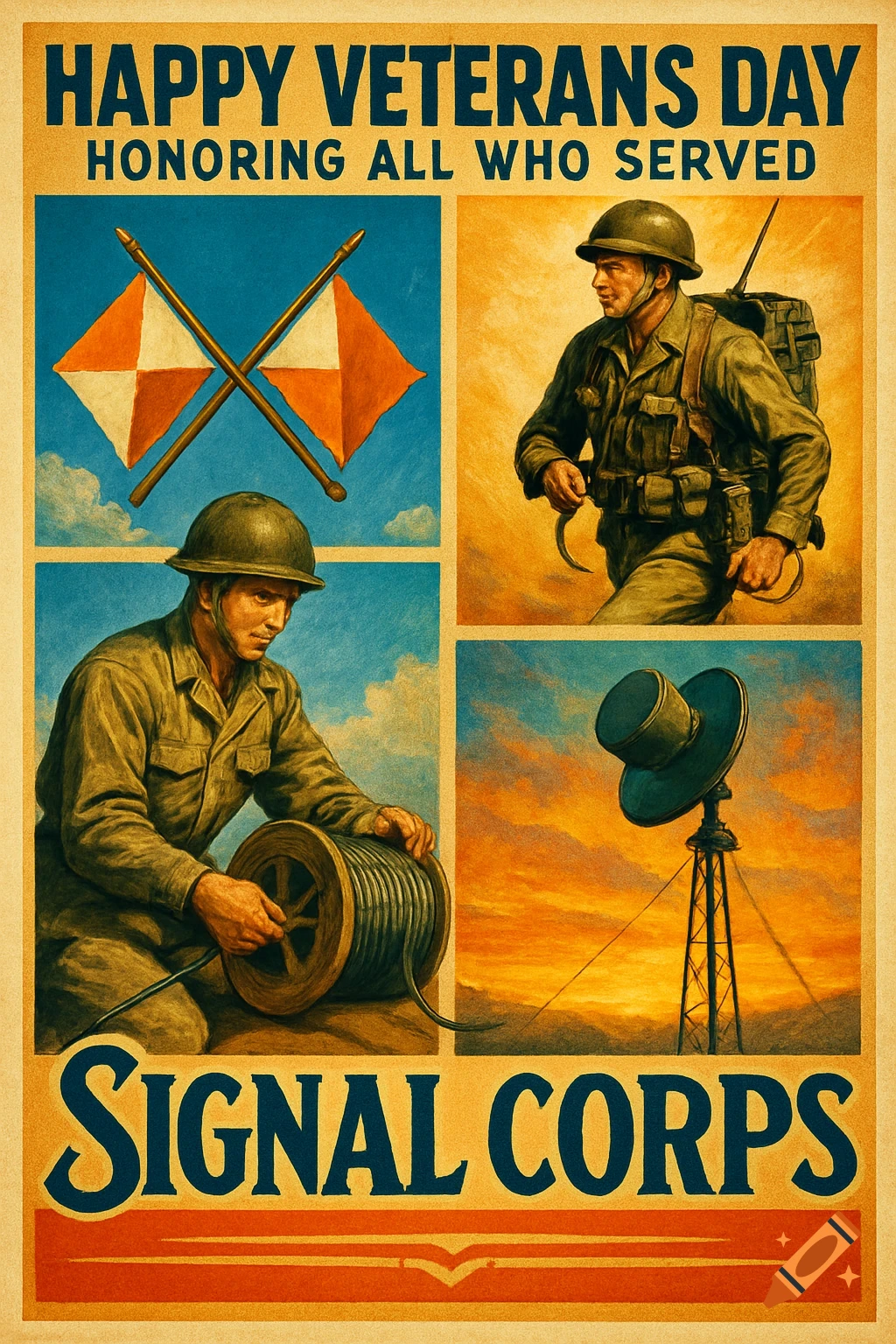 A vintage-style Veterans Day poster with four panels depicting signal flags, soldiers, and a microwave antenna. Text reads "Happy Veterans Day, Honoring All Who Served" and "Signal Corps".