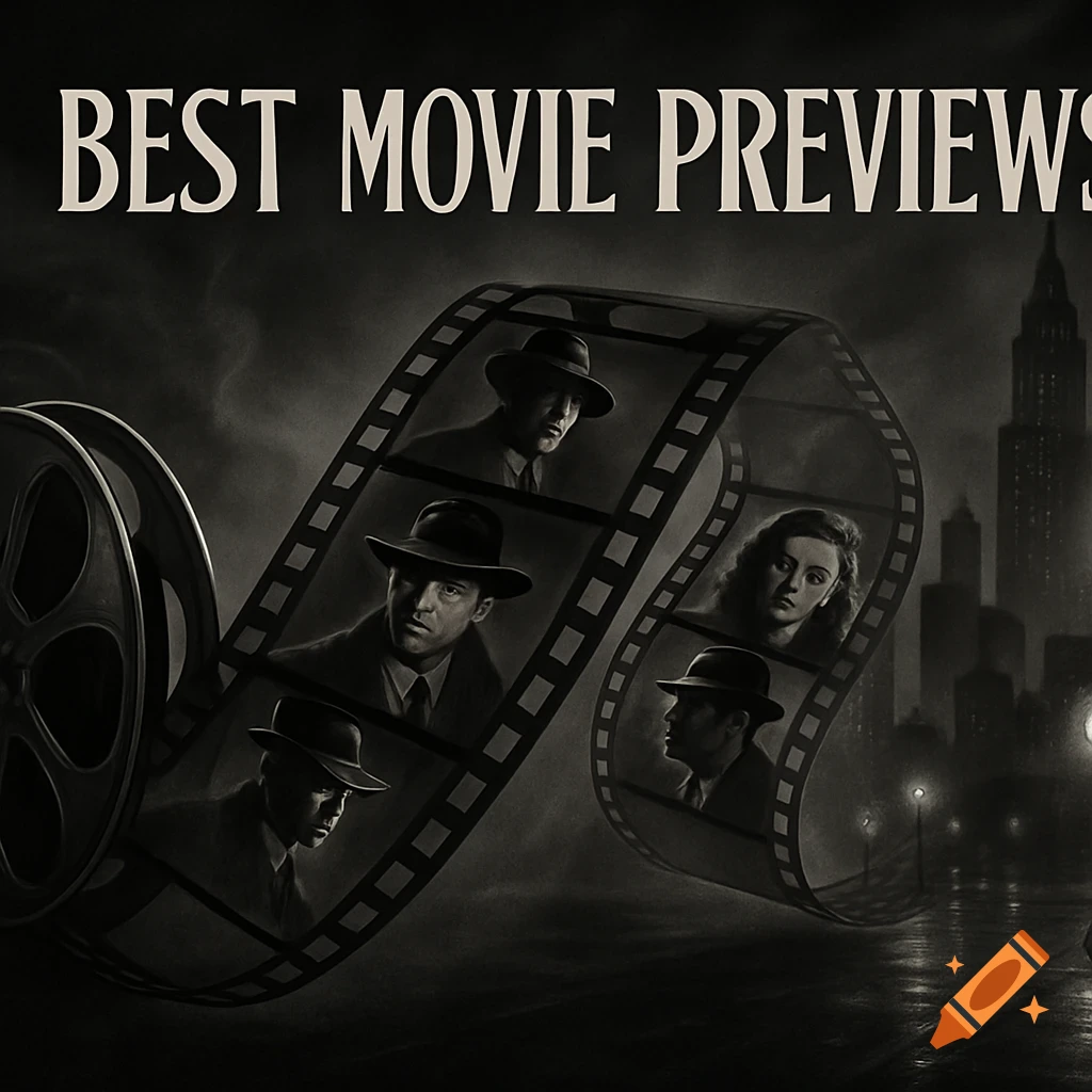 Black and white film noir image featuring a film reel with dramatic character portraits, unfurling over a dark cityscape, with 'BEST MOVIE PREVIEWS' text.