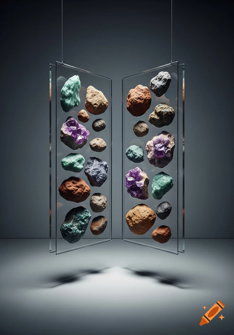 Colorful rocks and minerals displayed on two vertical hanging glass panels against a gray background.
