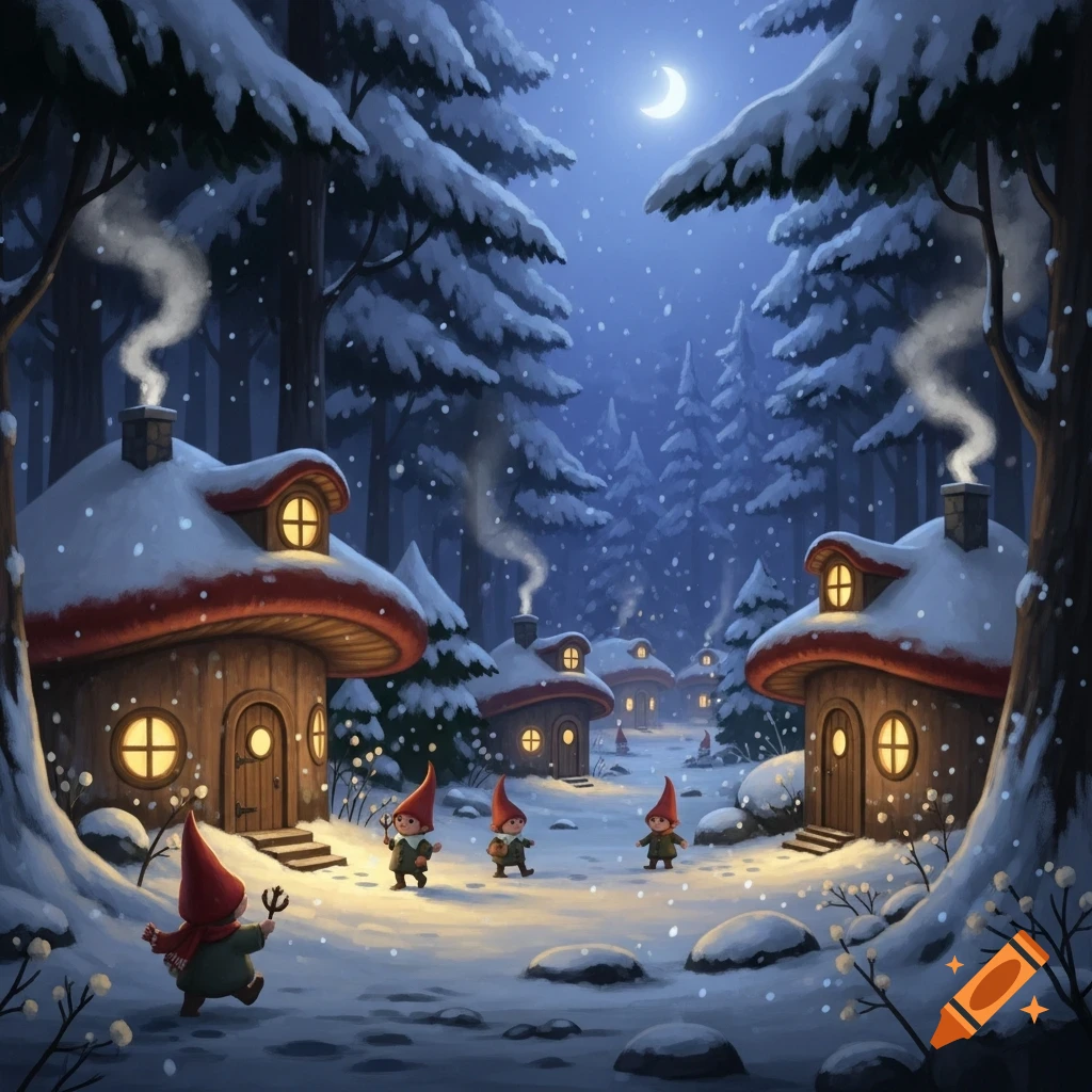 Whimsical illustration of gnomes in a snowy forest village with glowing mushroom houses under a crescent moon.
