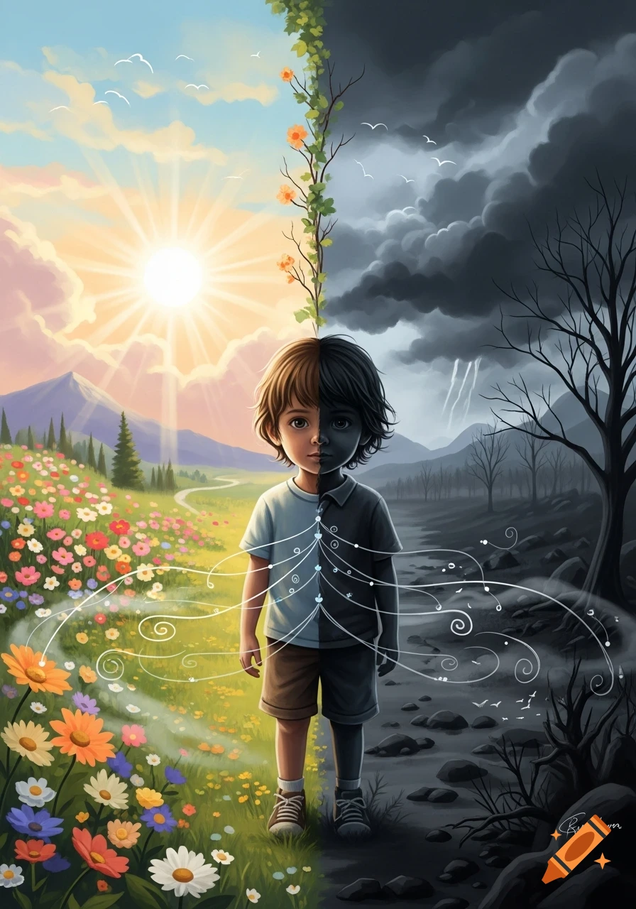 A child stands split between a vibrant, sunny field of flowers and a dark, stormy, barren landscape, illustrating mental health duality.