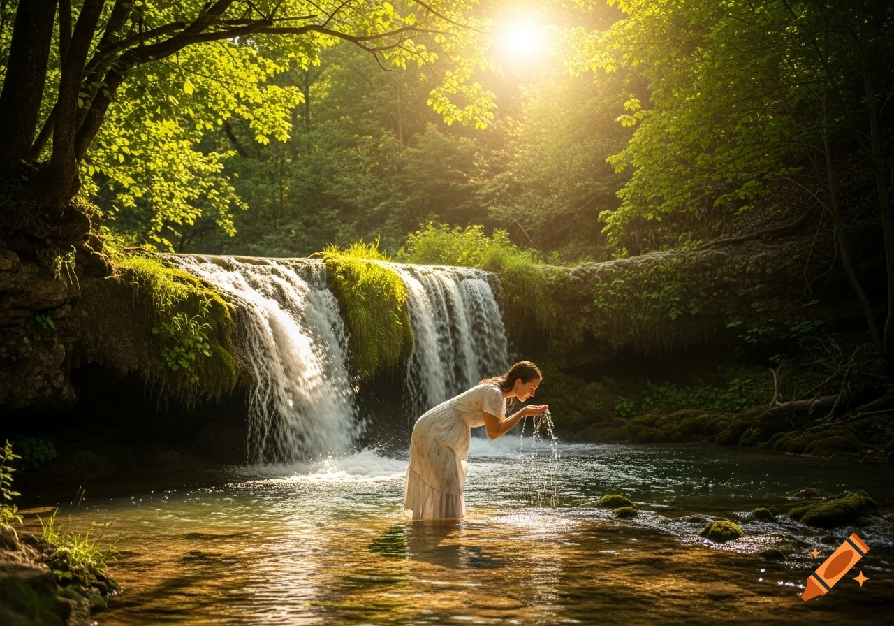A woman in a white dress drinks water from her hands in a sunlit forest stream with a waterfall and lush green trees. Photorealistic.