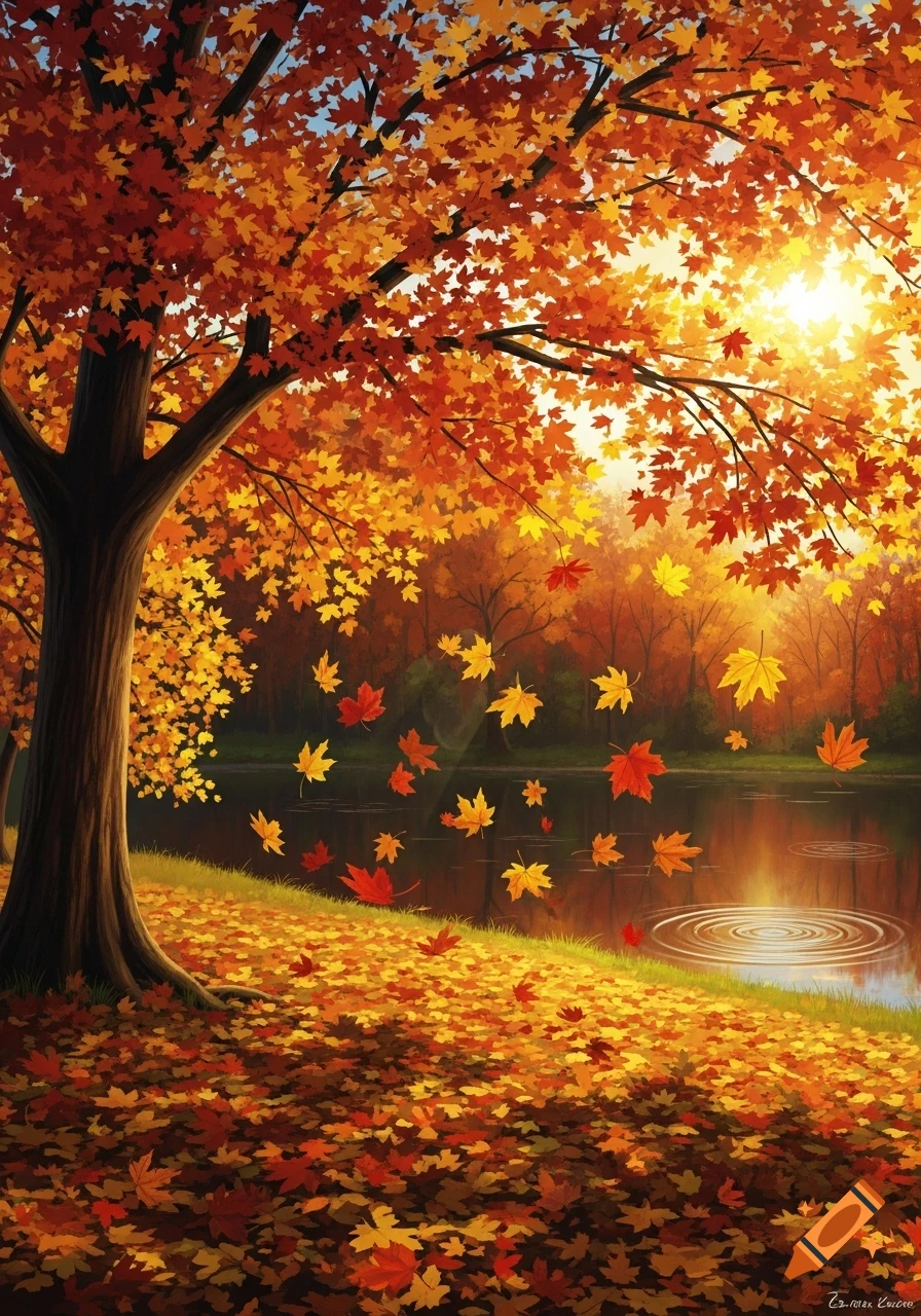 Vibrant autumn landscape drawing with a tree shedding orange and red ...