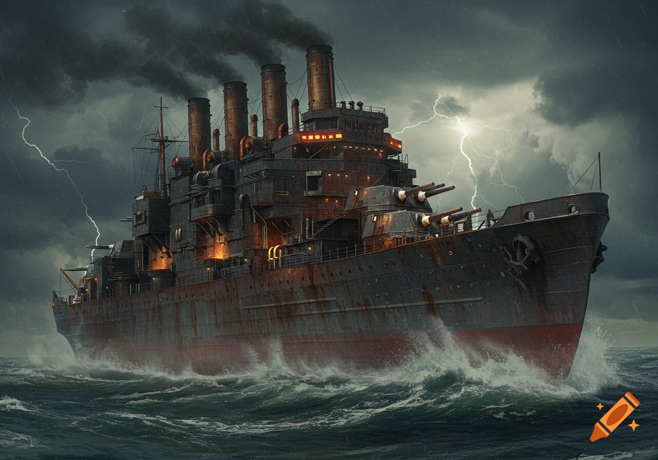 A dieselpunk warship with multiple smokestacks and turrets navigates a stormy sea under lightning-filled skies.