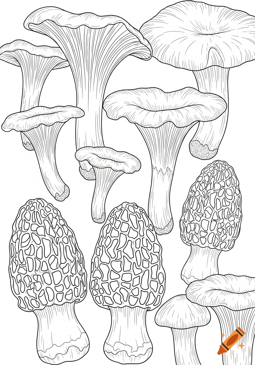 Detailed black and white line art coloring page showing various wild mushrooms, including chanterelles and morels.