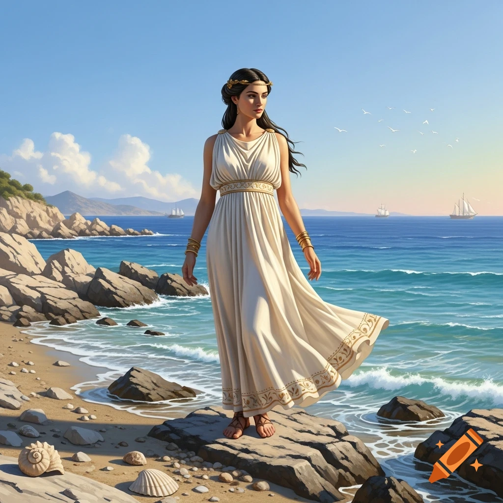 A beautiful ancient Greek woman in a white chiton stands on rocks at the seashore, looking out at the blue ocean with sailboats.