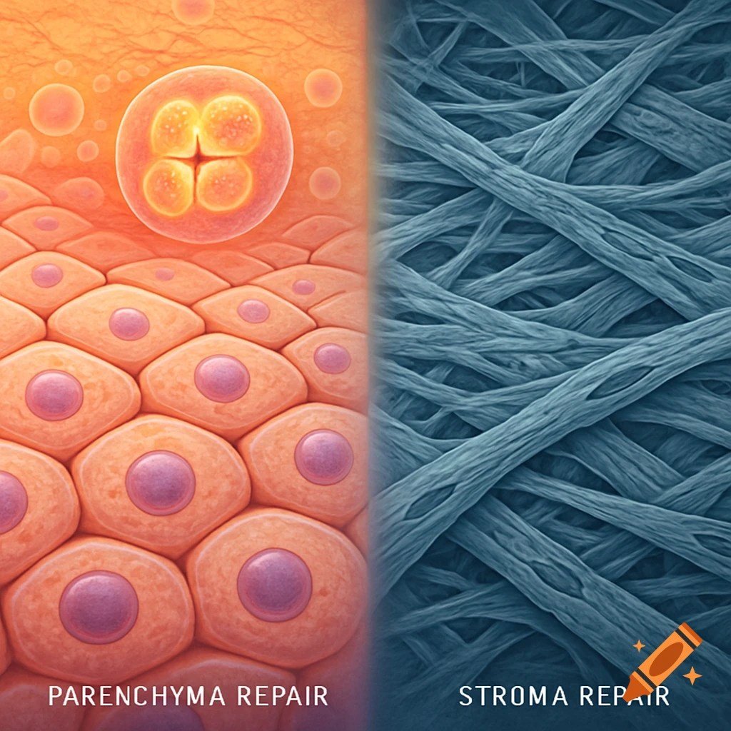 Microscopic illustration comparing parenchyma repair (orange cells, cell division) with stroma repair (dense blue fibrous tissue).