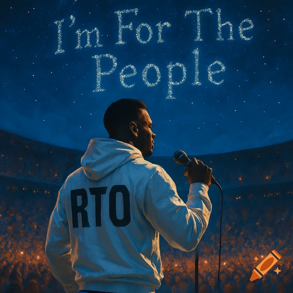 Man in white 'RTO' hoodie speaks into microphone on stage to a stadium crowd, under stars spelling 'I For The People'.