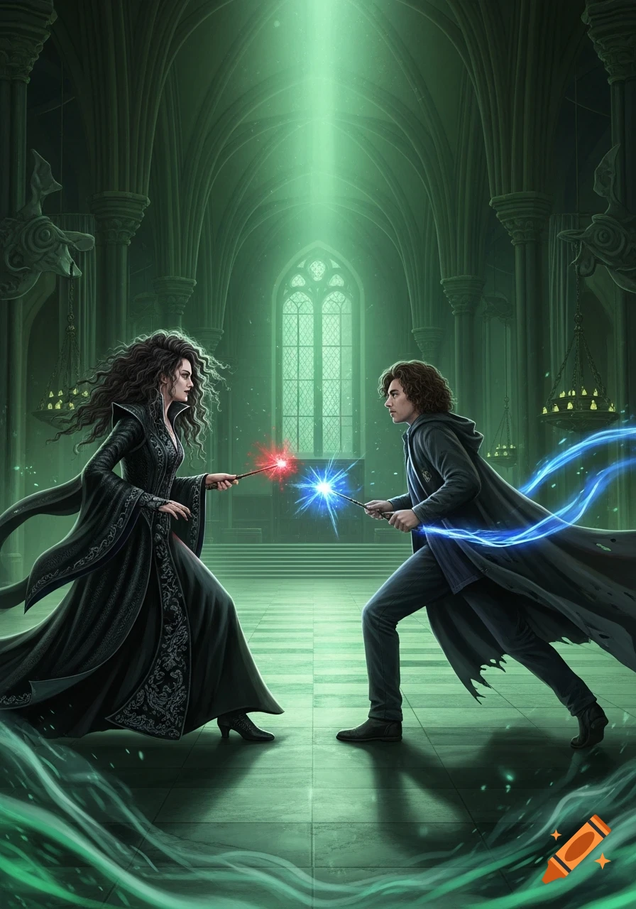 Bellatrix Lestrange and Sirius Black duel with wands emitting red and blue magic in a gothic green-lit hall.