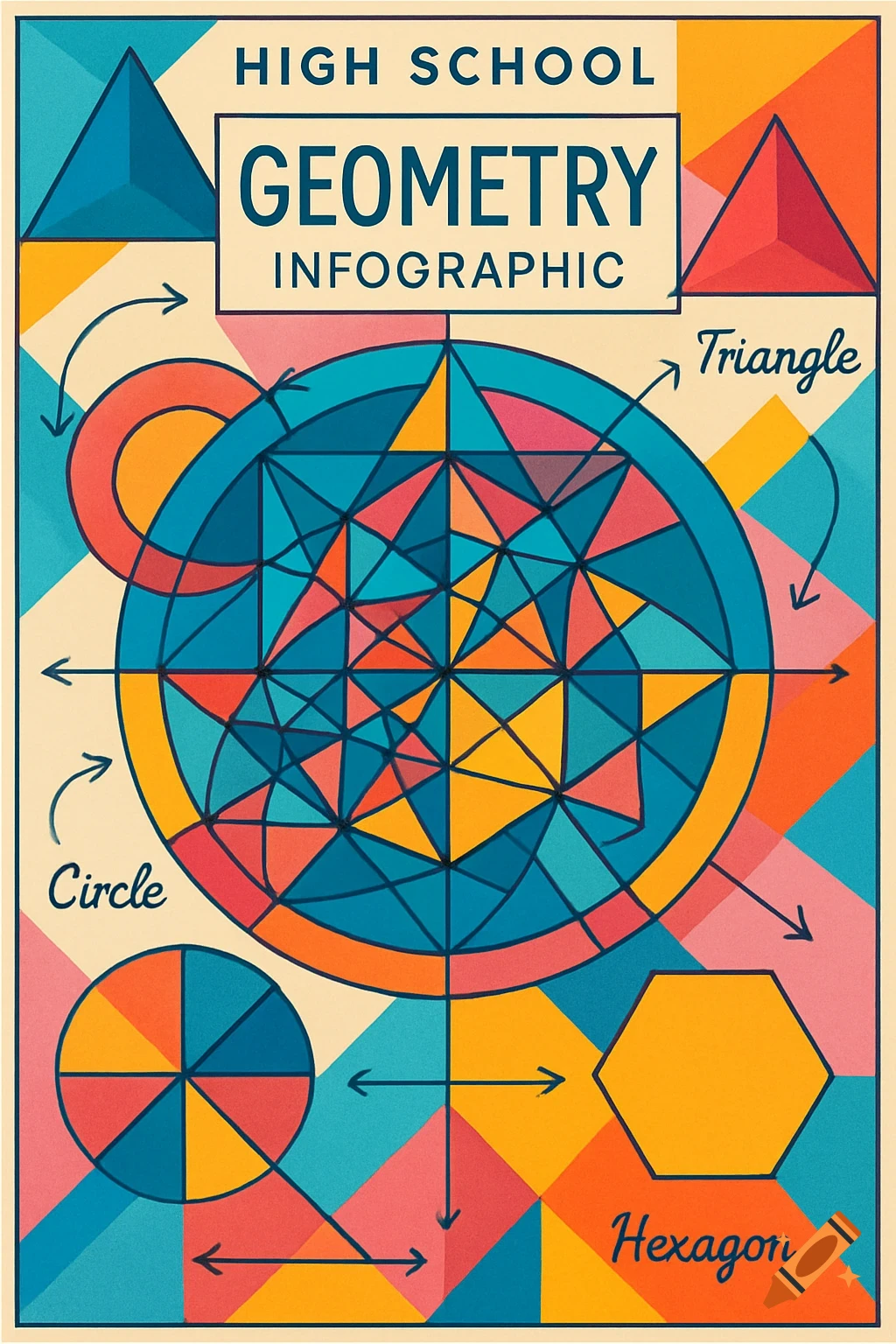 Colorful retro-style infographic illustrating high school geometry concepts with geometric shapes like triangles, circles, and hexagons.