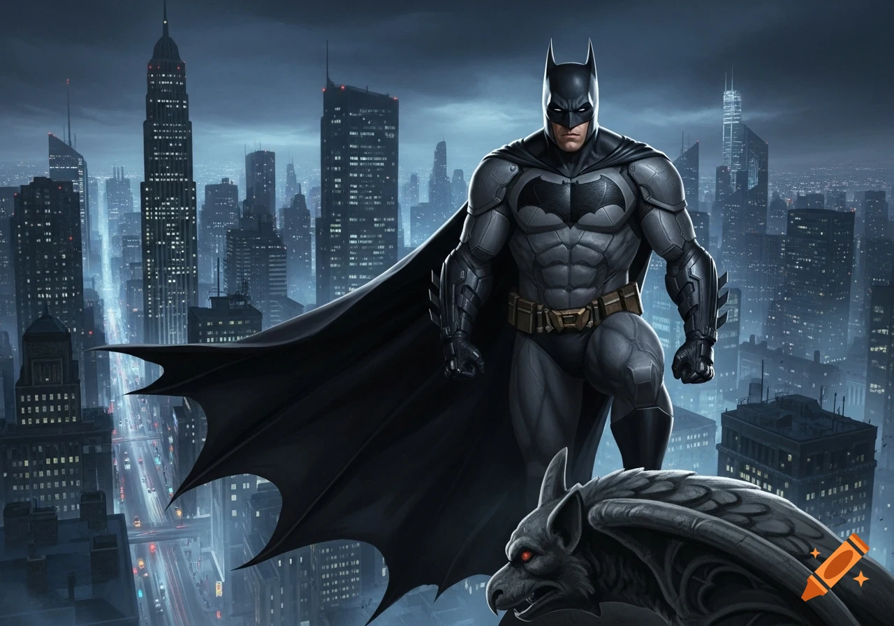Batman in a grey and black suit stands on a rooftop with a gargoyle, overlooking a misty, illuminated cityscape at night.