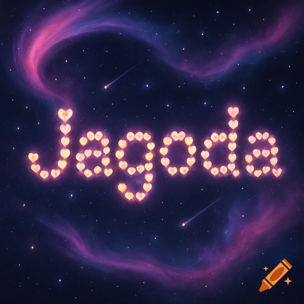 The word Jagoda spelled out in glowing pink and yellow hearts against a dark blue cosmic background with nebulae and shooting stars.