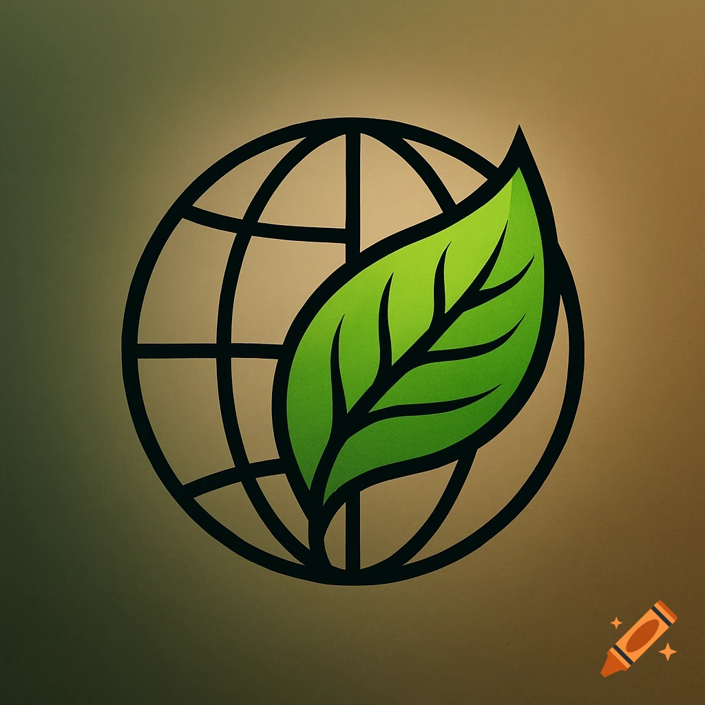 Stylized logo of a vibrant green leaf partially covering a black outline globe on a blurred brown and green background.